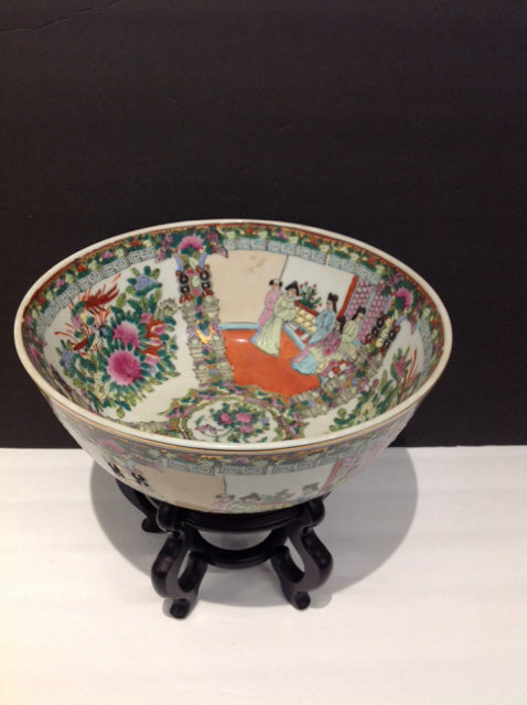 12" Porcelain Painted Oriental Bowl w/Stand