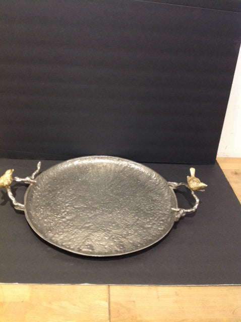 16.5" Rd Silver Metal Tray w/Gold Bird Handles