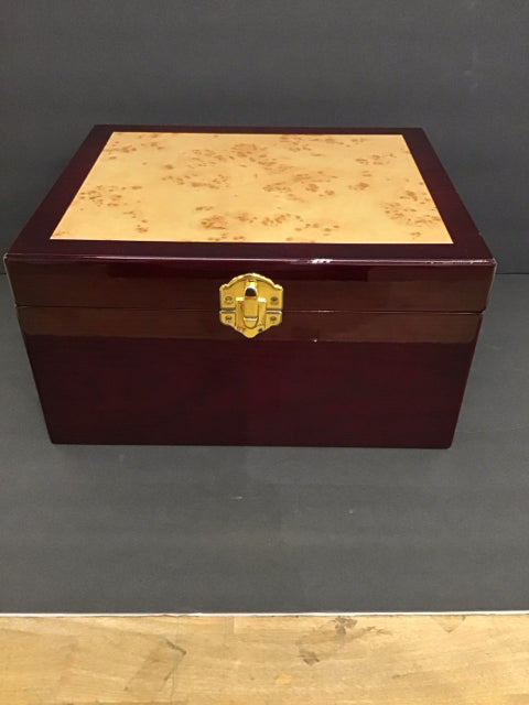 Burgundy Lacquer Box w/Burl Wood Inlay
