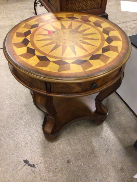 Round Checkered Top Wood One Drawer End Table