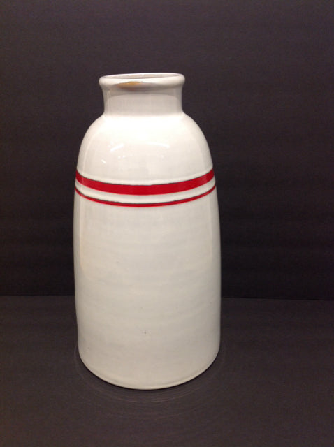 15" Round Grey Ceramic Vase w/Red Stripes