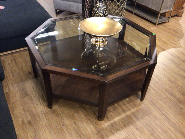 Octagon Beveled Glass Insert Wood Base Coffee Table