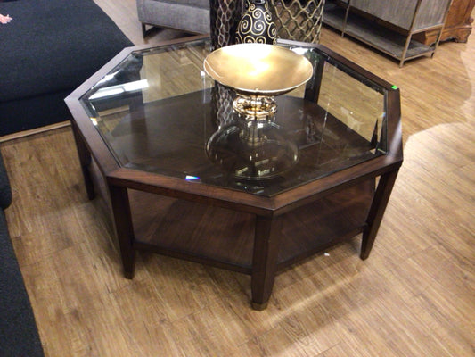 Octagon Beveled Glass Insert Wood Base Coffee Table