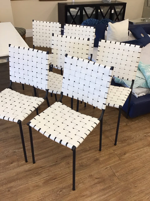 Set/6 White Woven Leather Chairs w/Black Metal Legs