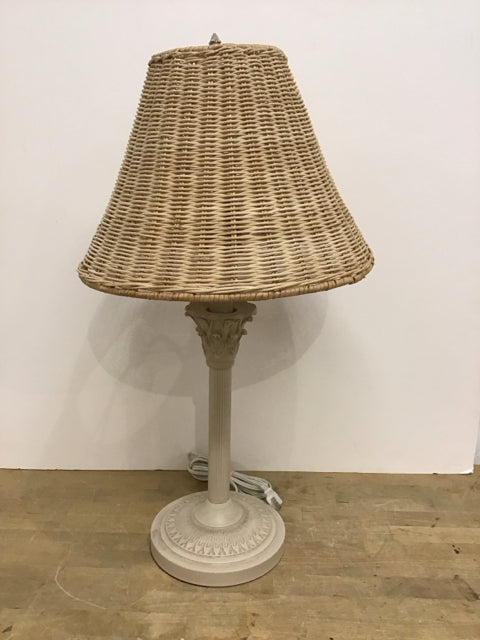 27" Tan Porcelain Column Lamp w/Woven Shade