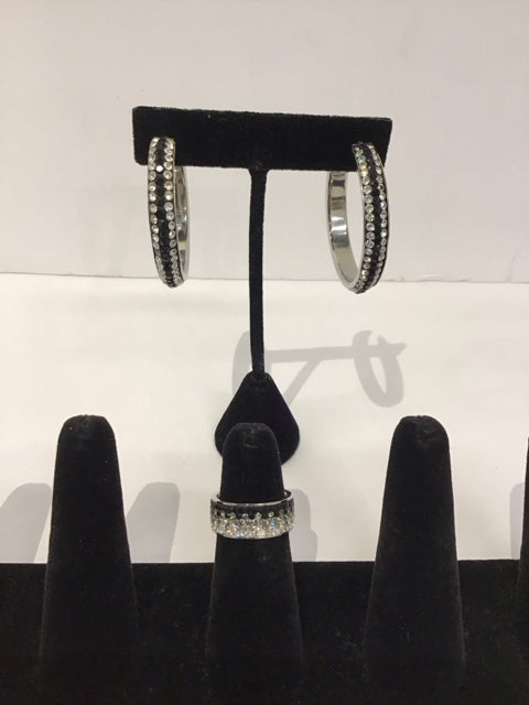 Silver Ring & Earrings Clear/Black Rhinestones