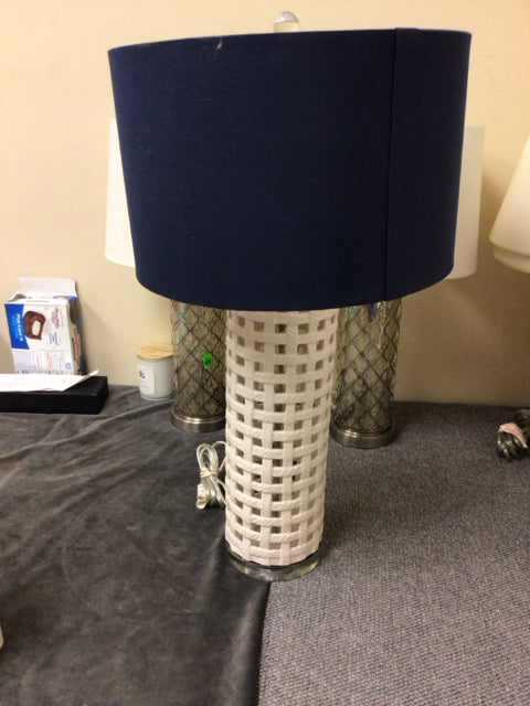 White Ceramic Reticulated Table Lamp W/Blue Shade