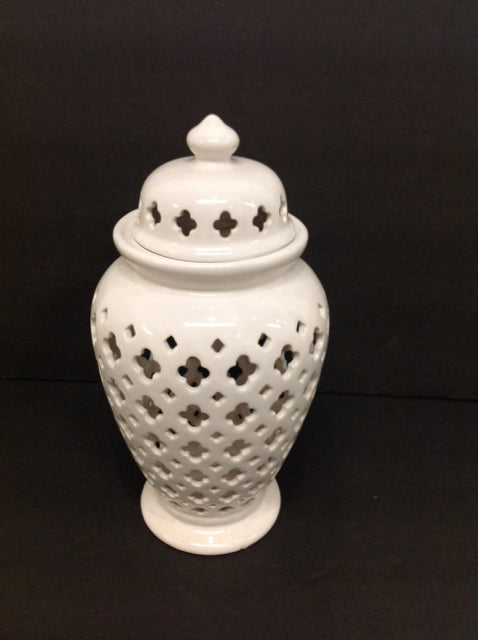 11" White Ceramic Urn w/Decorative Openings