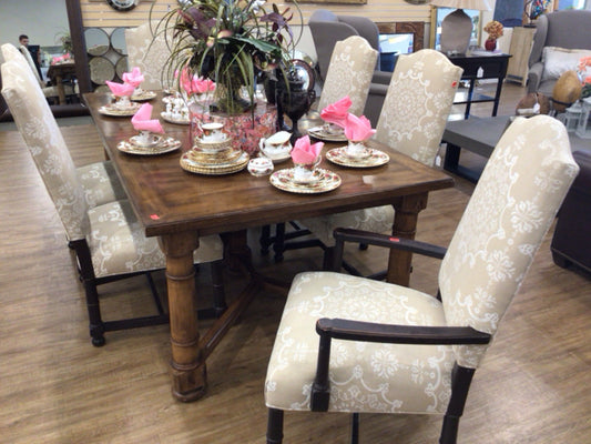 AS-IS Set Of 8 Ethan Allen Custom Fabric & Wood Dining Chairs(Light Soil)