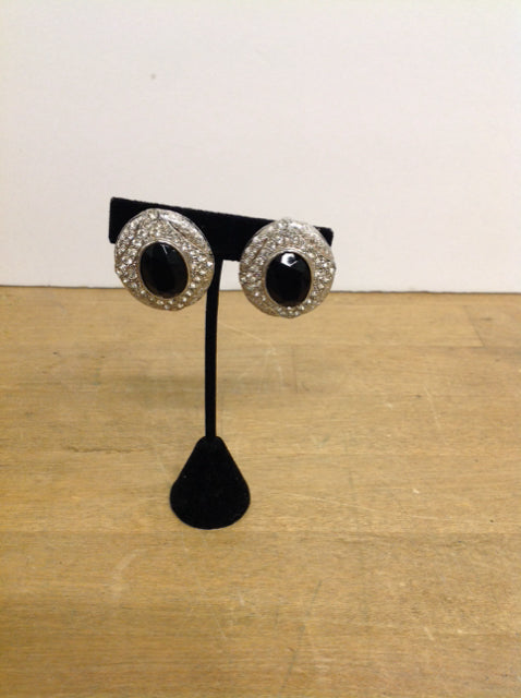 Clip-On Black Bead w/Rhinestone Earrings