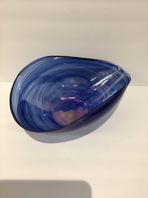 13" Art Deco Blue Glass Swirls Oval Bowl