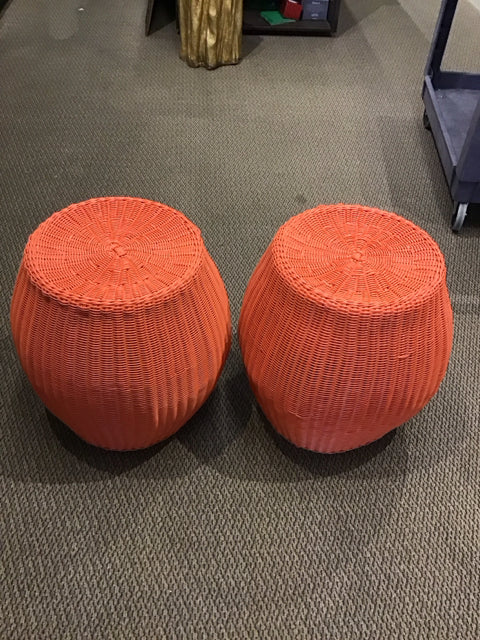 Pair Outdoor Wicker Orange Stools
