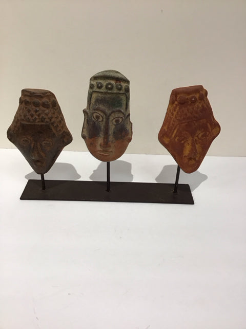 Maya Style Pottery Masks on Metal Stand