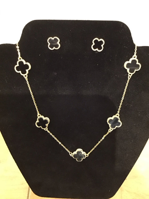 Van Cleef Style Gold/Onyx Necklace/Earrings Set