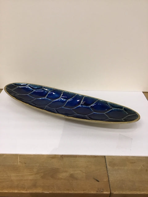 25" Gold Metal Tray w/Blue Enamel Honeycomb Design
