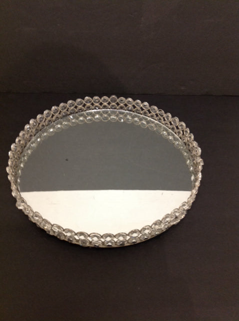 12" Rd Mirror Tray W/Clear Beads