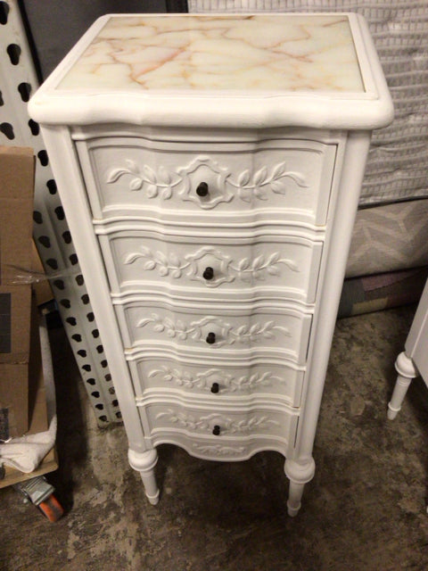 Marble Top Painted White Five Drawer End Table
