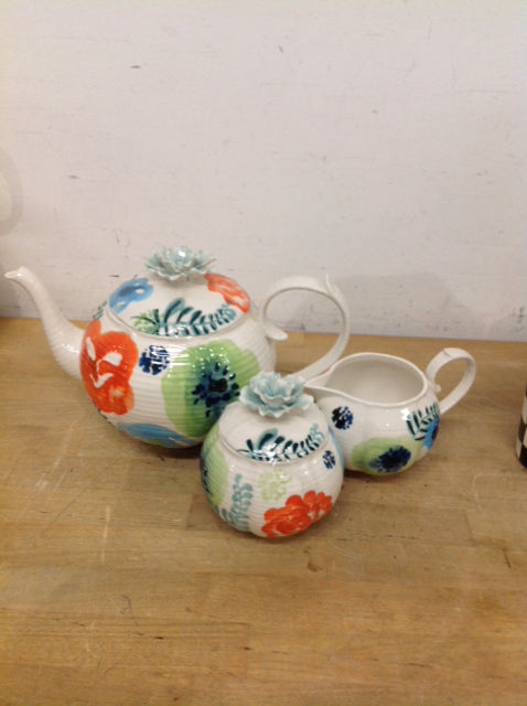Anthropologie 3 PC Lidded Teapot & Sugar Bowl Creamer