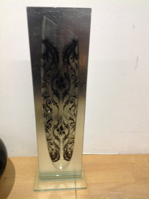 Vase- 19" Silver Glass Black Scroll