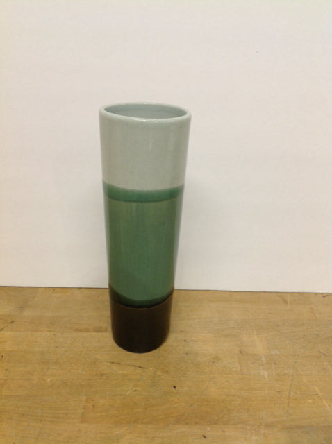 13" Wide Brown/Green Striped Ceramic Vase