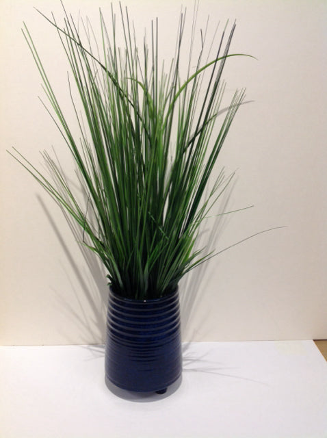 8" Blue Ceramic Planter w/Faux Grass