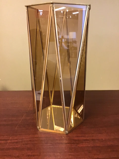 12" Amber Glass Metal Mirrored Decorative Vase