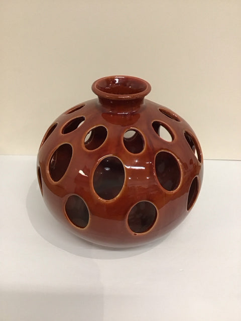 11" Brown Ceramic Vase w/Holes