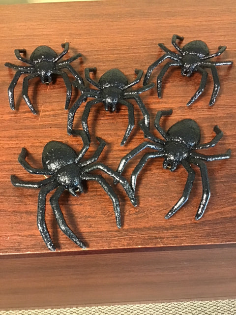 Set Of 5 7" Black Glitter Spiders