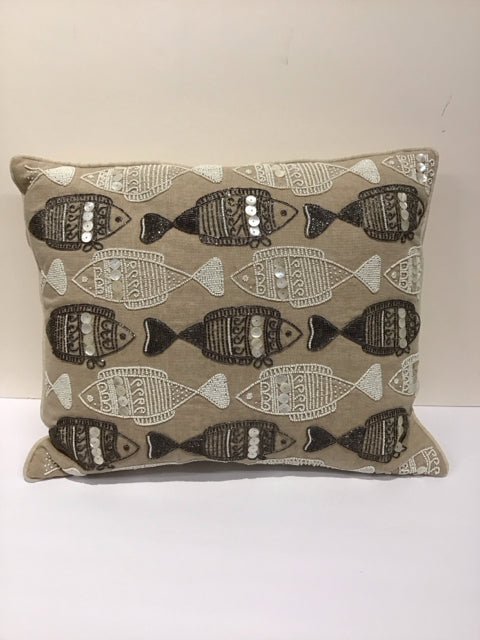 Tan Linen Pillow w/Beaded Fish