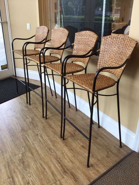 Crate & Barrel (?) Woven Rattan & Iron Bar Stool