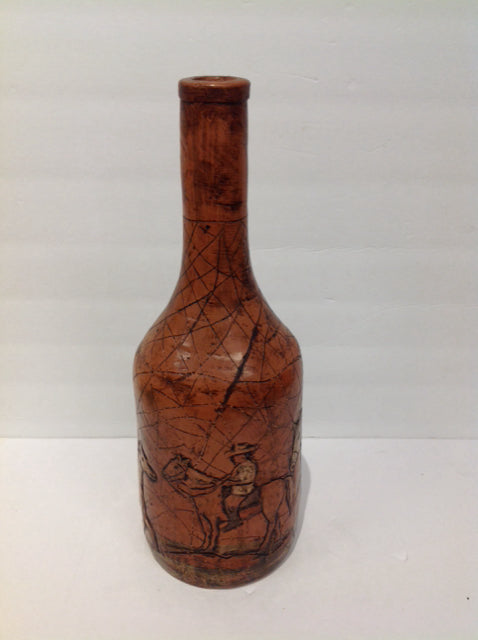 16" Brown Pottery Vase w/Cowboy Scene