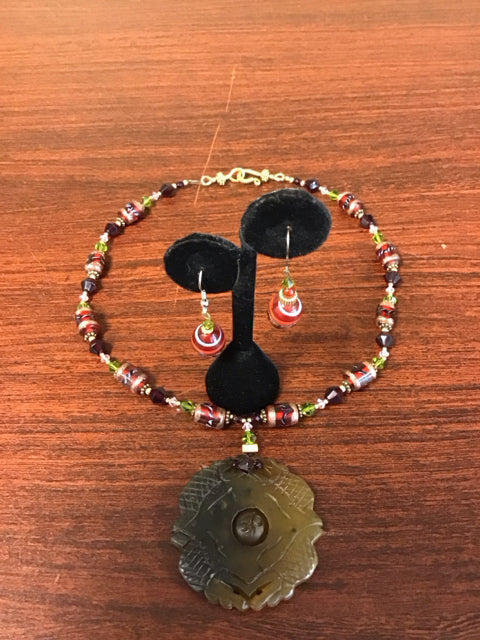 Handmade Beaded Necklace & Earrings W/Carved Pendant
