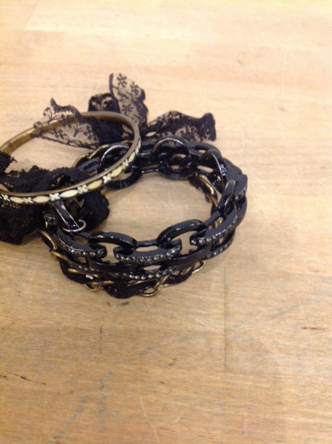 Bracelet- Set Of 3 Black & Gold Rhinestone