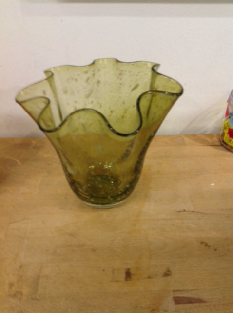 Vase- 8" Green Drip  Glass