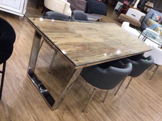76" X 37" Modani Wood & Chrome Glass Top Dining Table