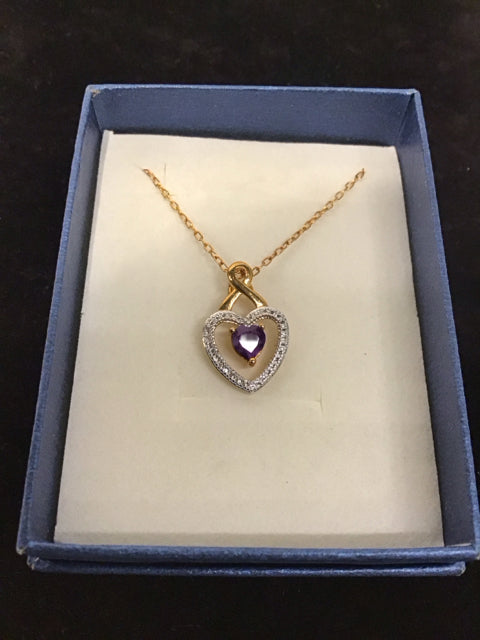 Gold Necklace w/Rhinestone Faceted Purple Stone
