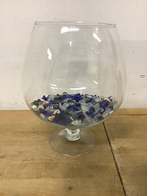 Vase 12" Clear Glass Hurrican W/Decorative Broken Glass & Shells