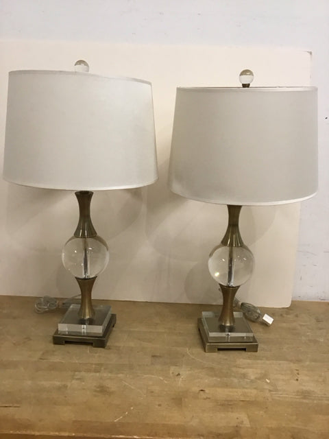 26" Pair Lg Glass Sphere Bronze Lamps w/Shades