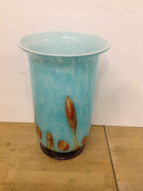 11.5" Aqua Art Deco Glass Vase w/Orange Accents