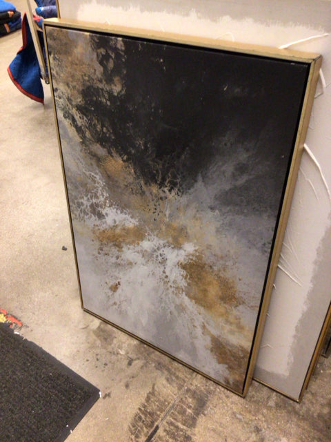 25" X 37" Blue & Gold Abstract Framed Print On Canvas