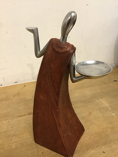 12" Wood Like Metal Abstract Figure Holding Plate As Is