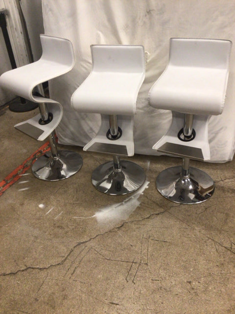 AS-IS Set Of 3 White Vinyl & Chrome Bar Stools
