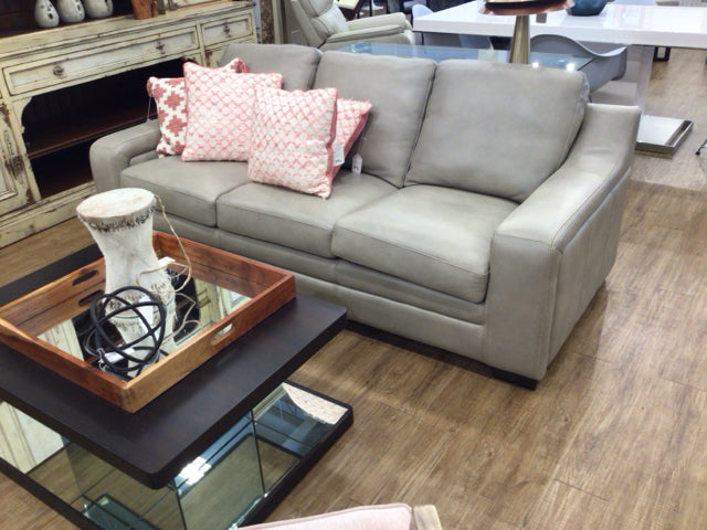 RTG Grey Leather Three Seat Slope Arm Sofa
