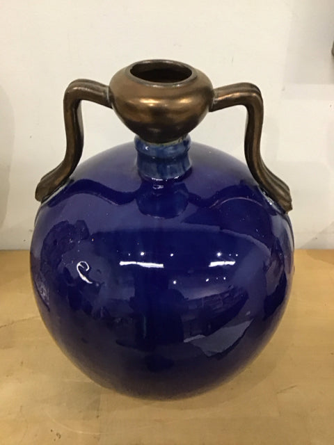 13" Cobalt Blue Bronze Handle Vase