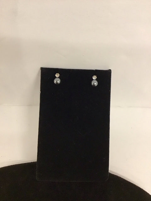 Stud Earrings w/Grey Faux Pearl & Rhinestone