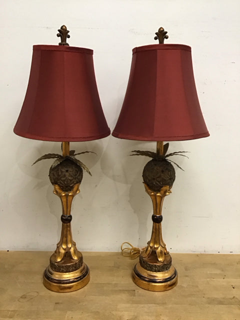 34" Pair Of Embellished Orb And Metal Leaf Lamps