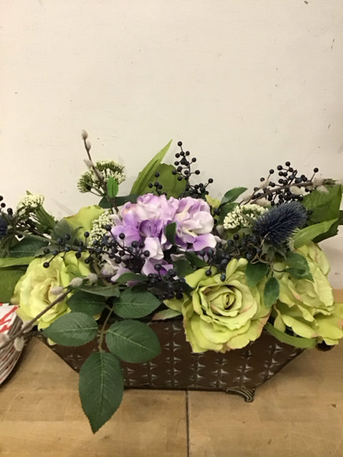 Faux Green Roses Lavender Hydrangea In Metal  Planter
