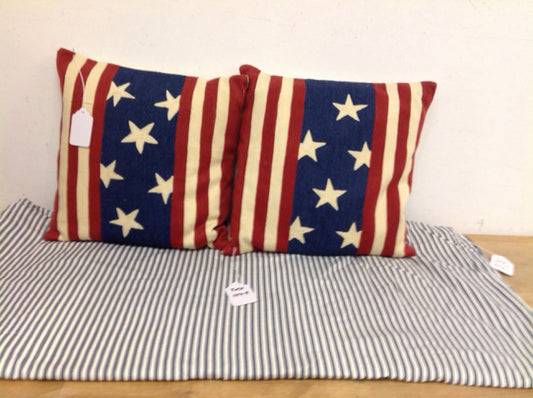 Queen Pottery Barn Blue Stripe  Duvet w 2 Flag pillow