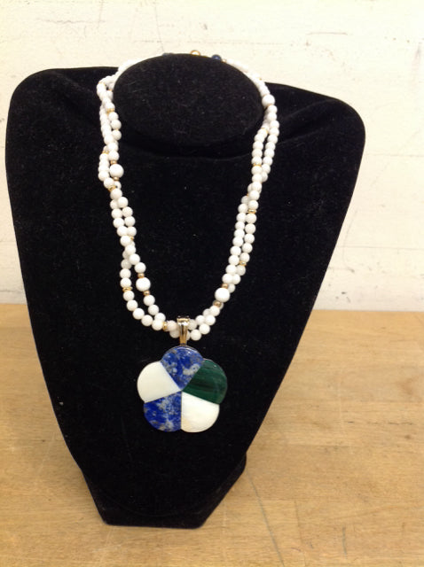 2-Strand Beaded Necklace w/Stone Medallion