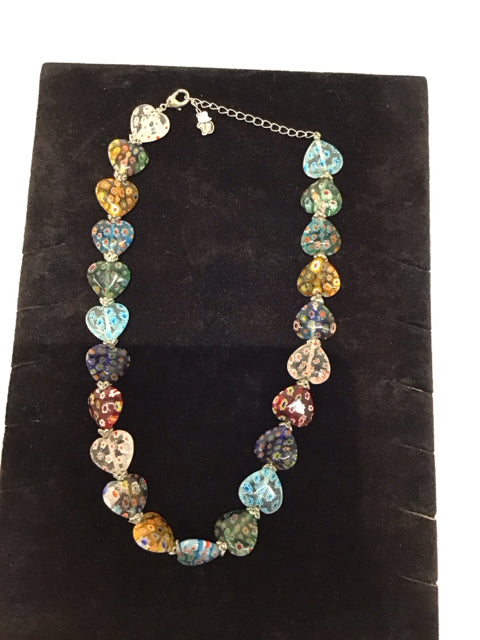 Art Deco Multicolor Glass Hearts Necklace